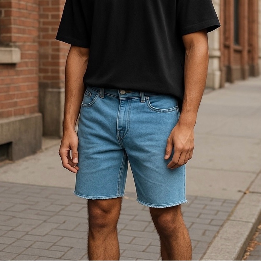 Volcom Men’s blue faded cotton/elastane shorts, frayed bottom leg, sz 32